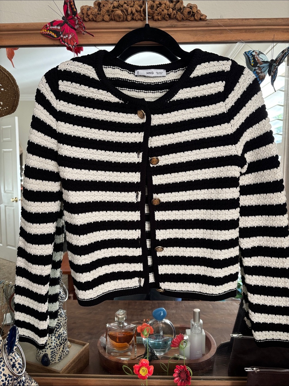 Mango Black & White Striped Button-Front Cardigan